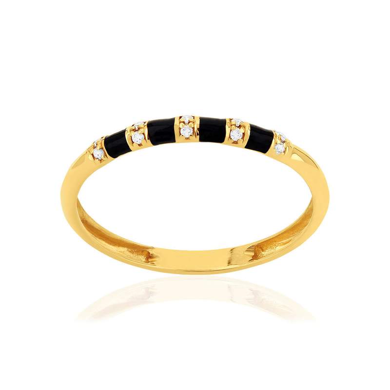 Bague or 375 jaune résine noire et zirconias. - vue 1