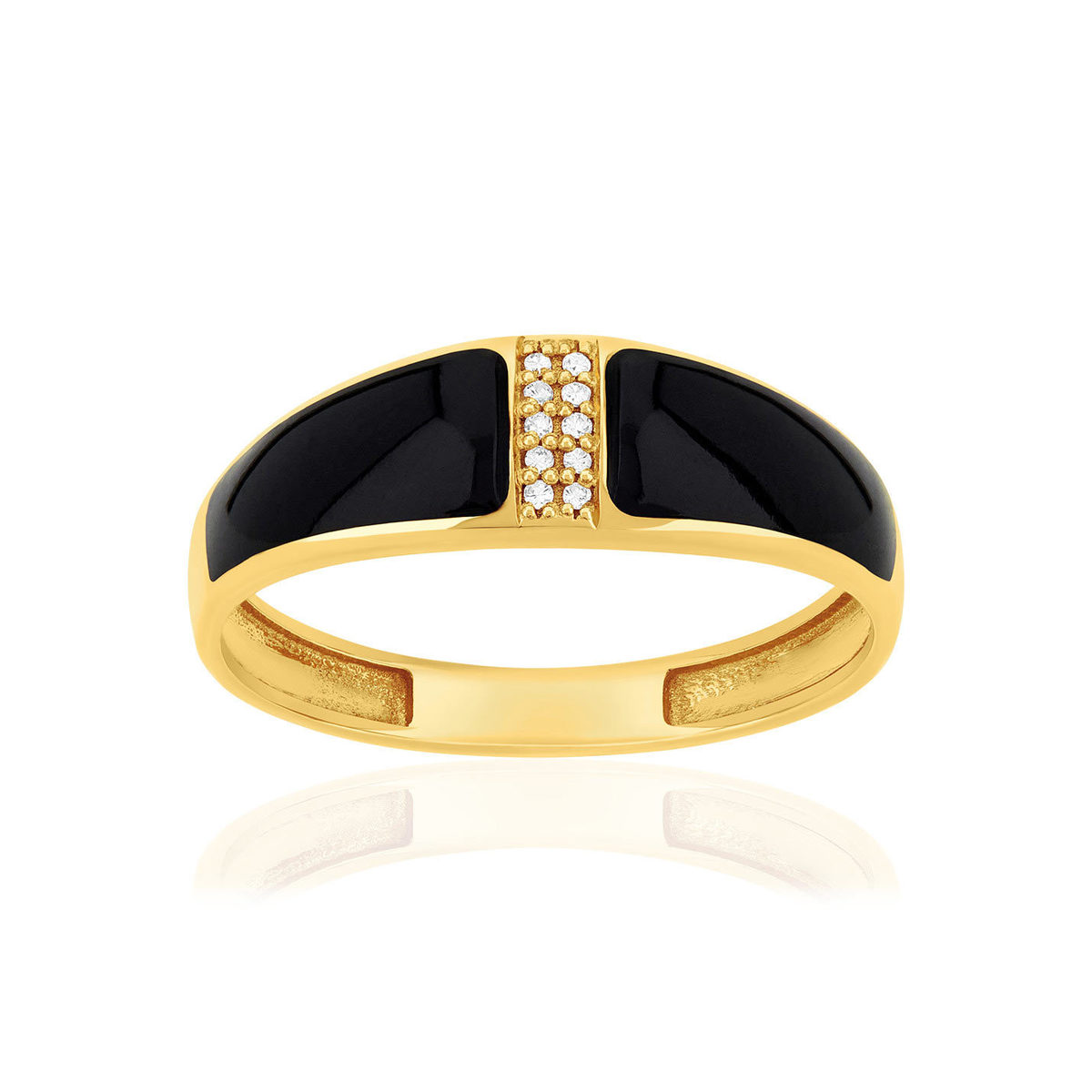 Bague or 375 jaune résine noire et zirconias