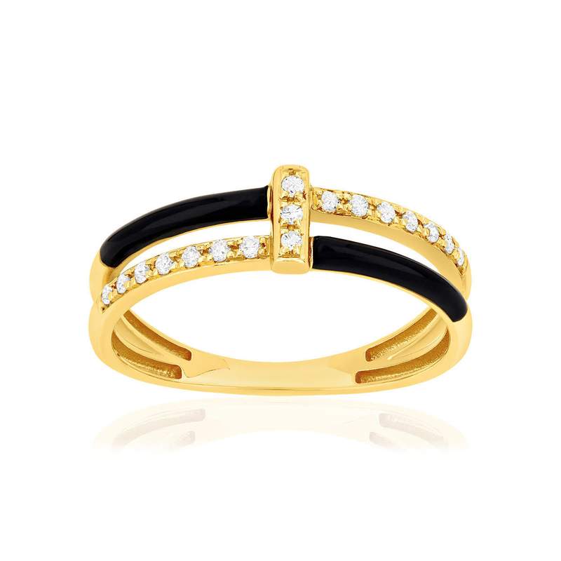 Bague or 375 jaune résine noire et zirconias - vue 1