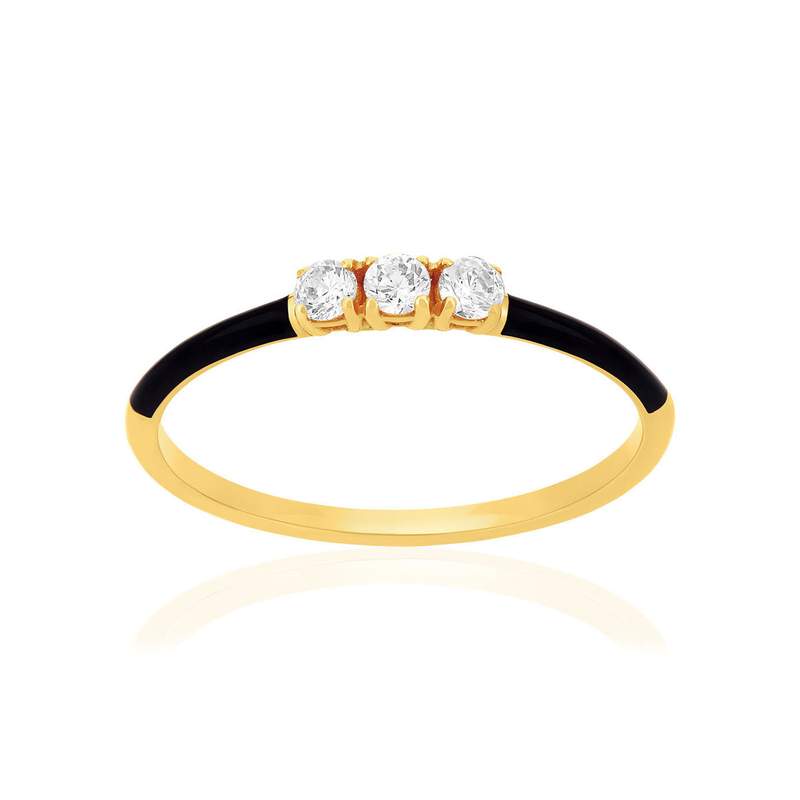 Bague or 375 jaune résine noire et 3 zirconias - vue 1