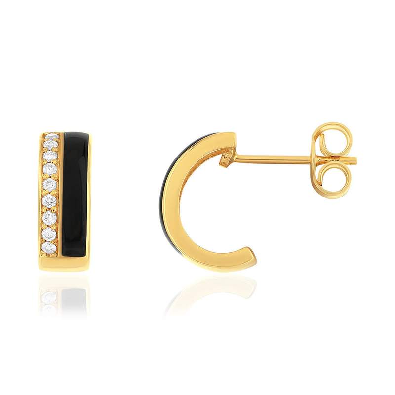 Boucles d'oreilles or 375 jaune résine noire et zirconias - vue 1