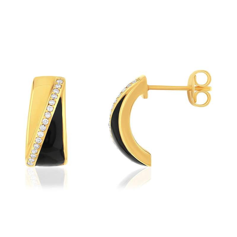 Boucles d'oreilles or 375 jaune résine noire et zirconias - vue 1