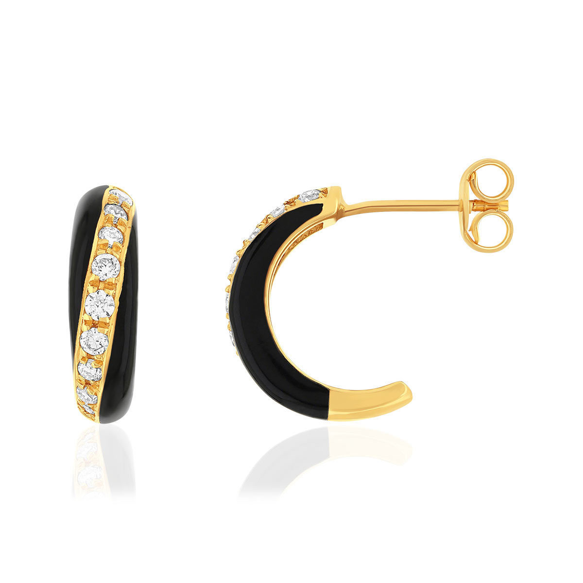 Boucles d'oreille or 375 jaune résine noire et zirconias