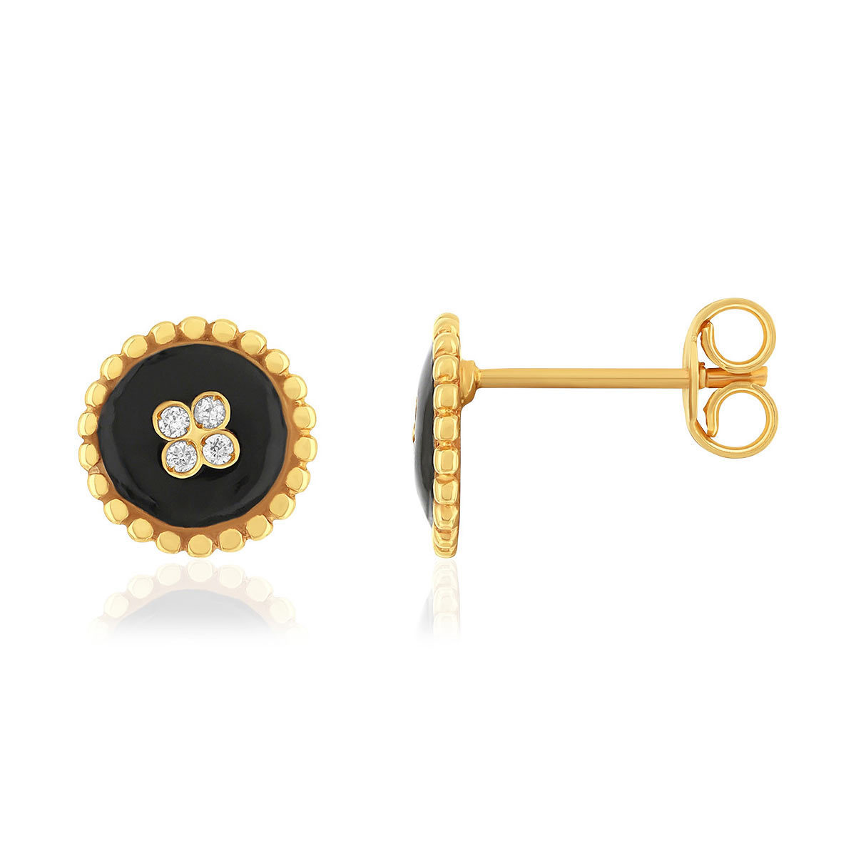 Boucles d'oreille or 375 jaune résine noire et zirconias