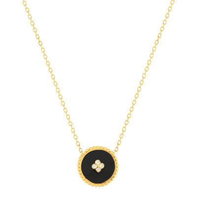 Collier or 375 jaune résine noire et 4 zirconias 43 cm - vue 1
