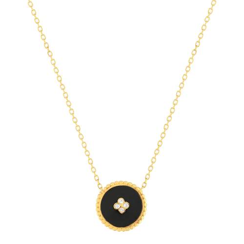 Collier or 375 jaune résine noire et 4 zirconias 43 cm
