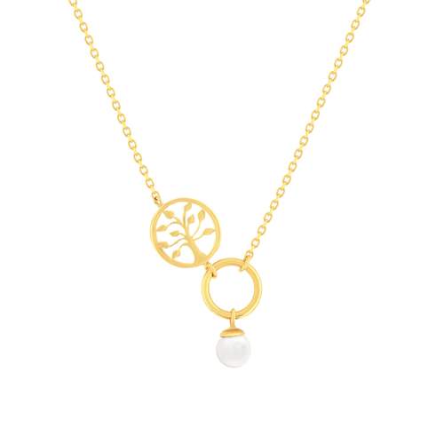 Yellow 375 gold necklace with tree of life and Chinese cultured pearl 43cm