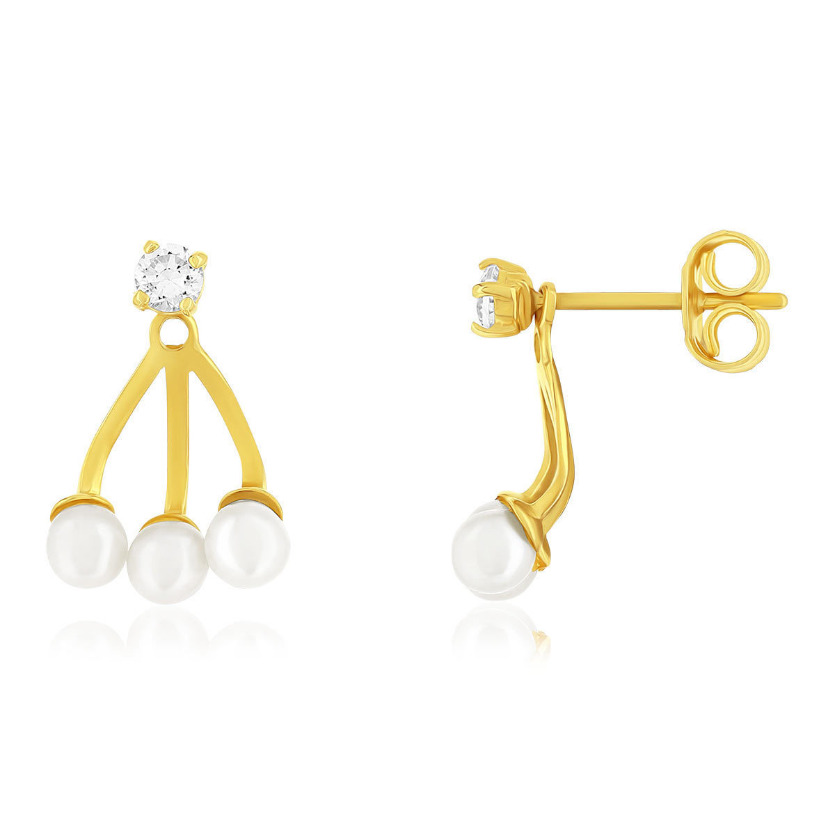 Boucles d'oreilles or 375 jaune sous lobes 6 perles de culture et 2 zirconias.