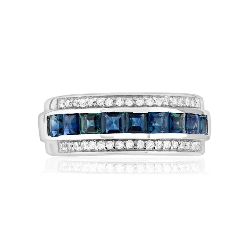 Bague or 375 blanc 9 saphirs et zirconias. - vue 3