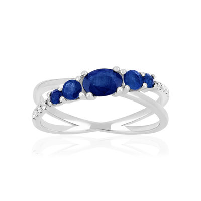 Bague or 375 blanc 5 saphirs et diamants