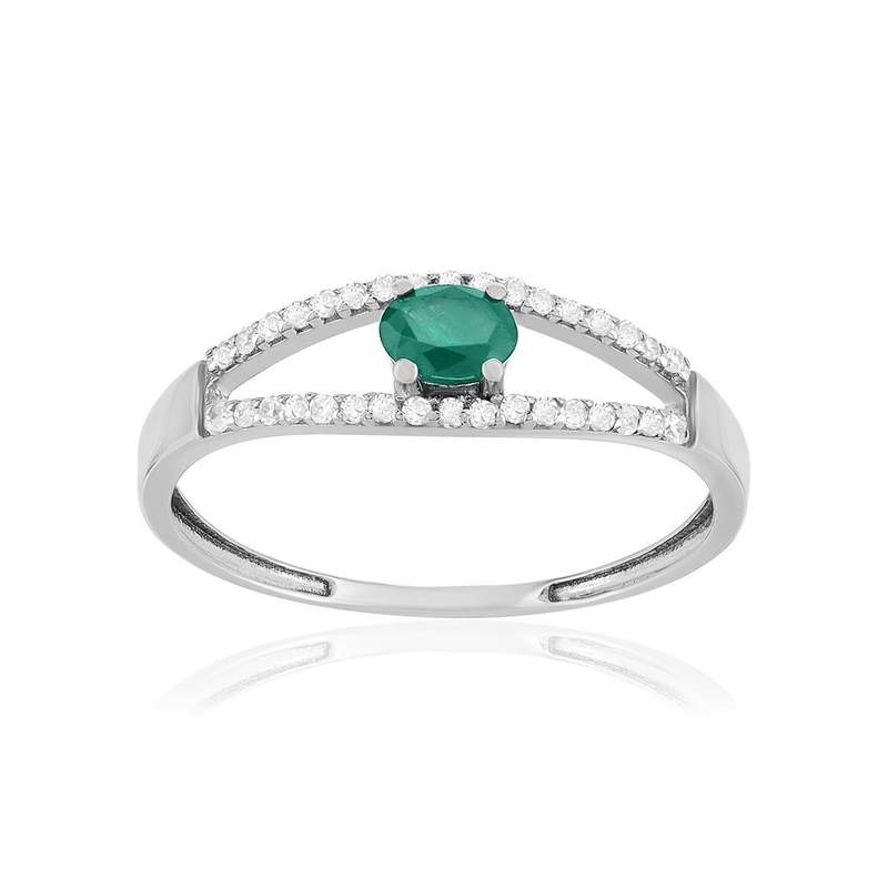 Bague or 375 blanc émeraude et diamants - vue 1