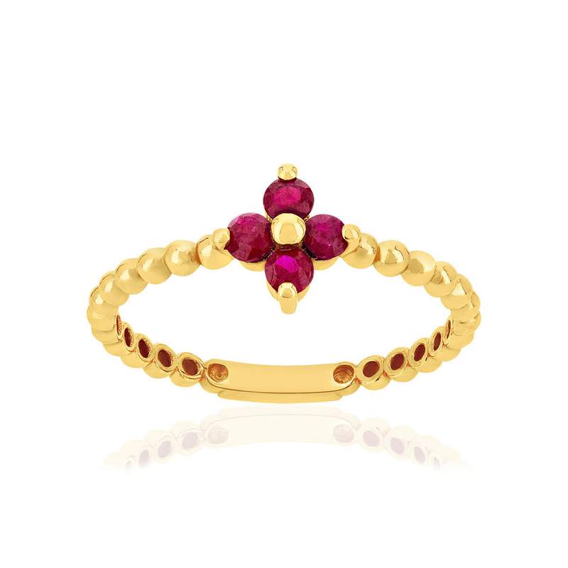 Bague or 375 jaune fleur rubis - vue 1