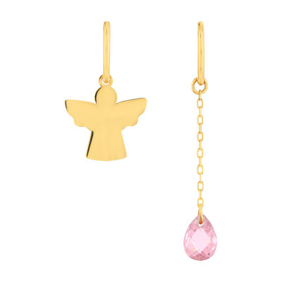 Gold hoop earrings 375 yellow angel and pendant with pink zirconia