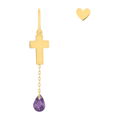 Boucles d'oreilles or 375 jaune coeur, croix et pendant zirconia violet - vue 1