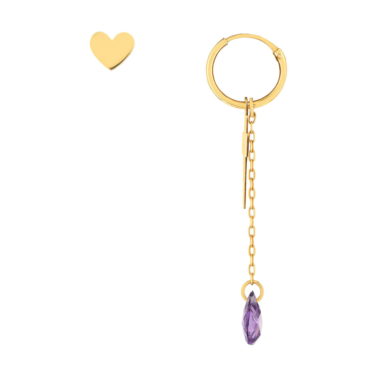 Boucles d'oreilles or 375 jaune coeur, croix et pendant zirconia violet - vue D2