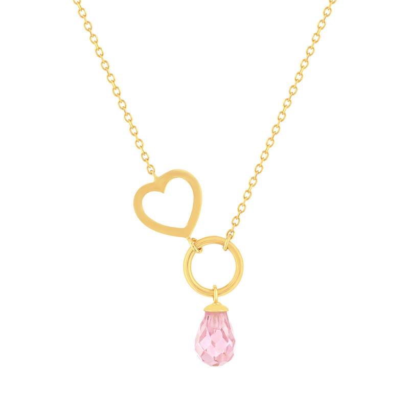 Collier or 375 jaune coeur et zirconia rose 43 cm - vue 1