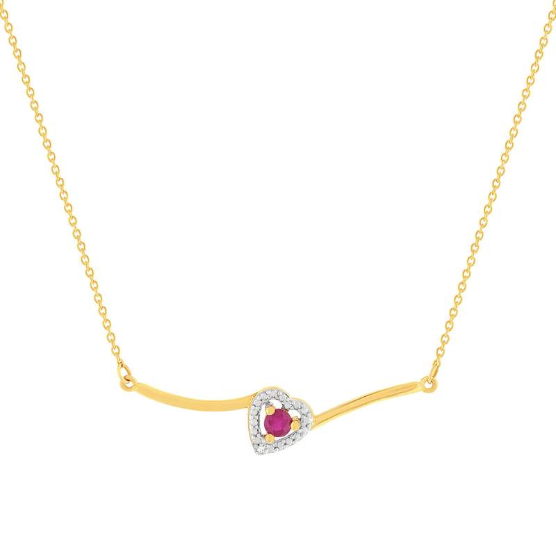 Gouden collier 375 geel hart robijn en diamanten 45cm - zicht 1