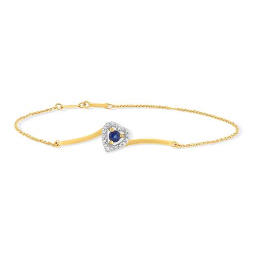Bracelet or 375 jaune coeur saphirs et diamants 18cm