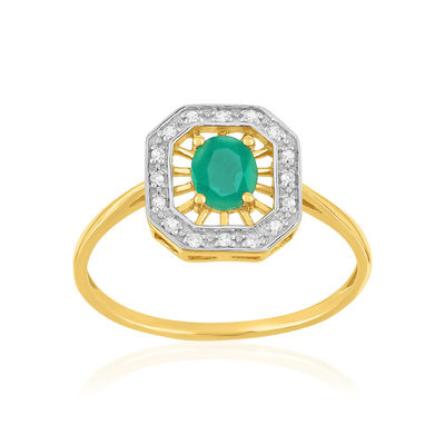 Bague or 375 2 tons émeraude et diamants