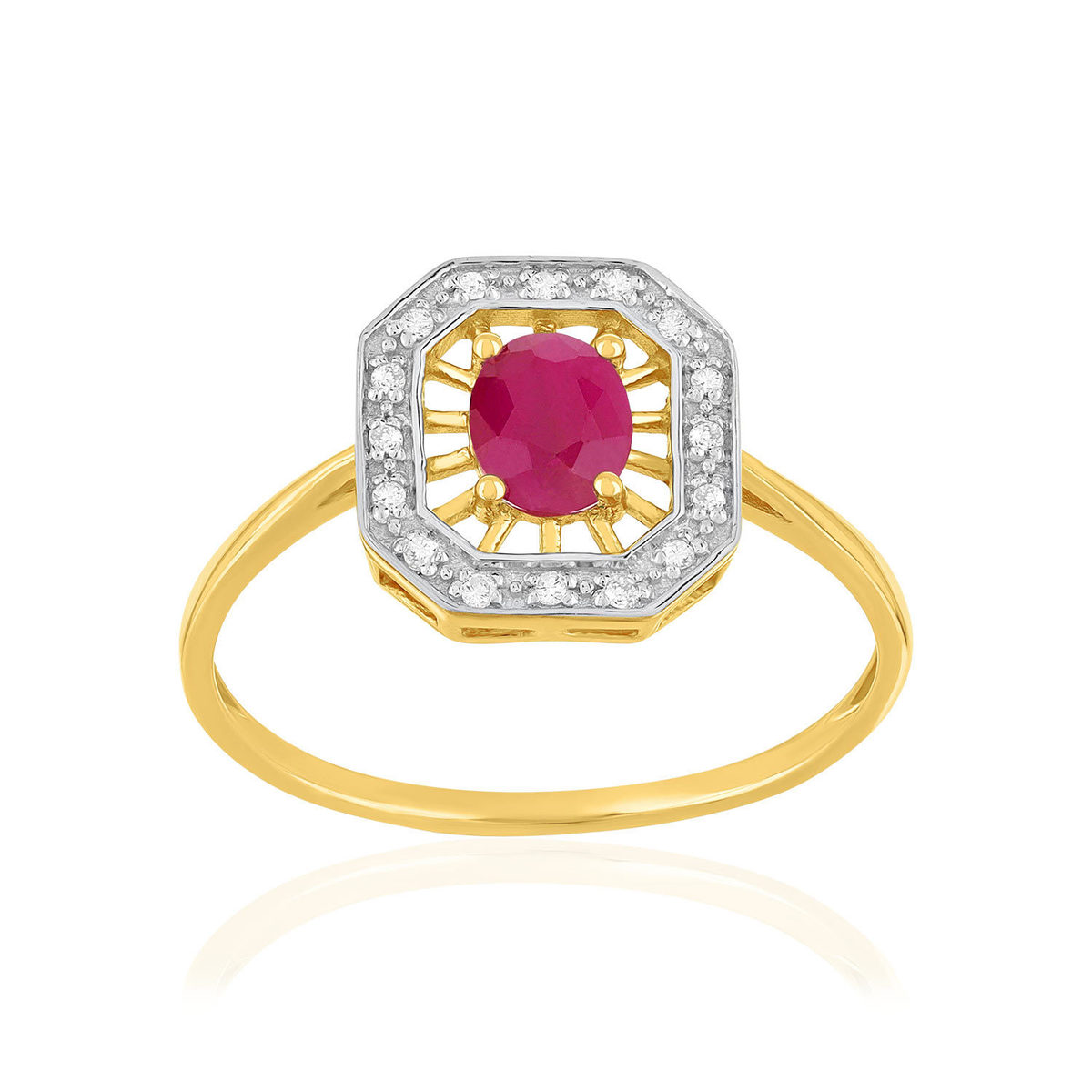 Bague or 375 jaune rubis et diamants