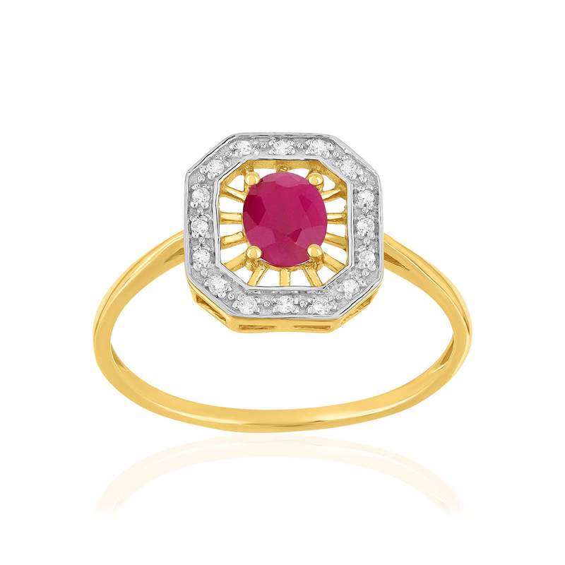 Bague or 375 jaune rubis et diamants - vue 1