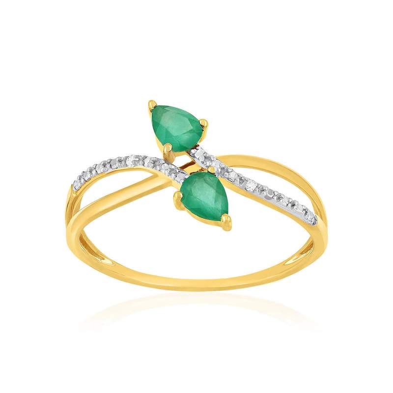 Bague or 375 jaune émeraudes et diamants - vue 1