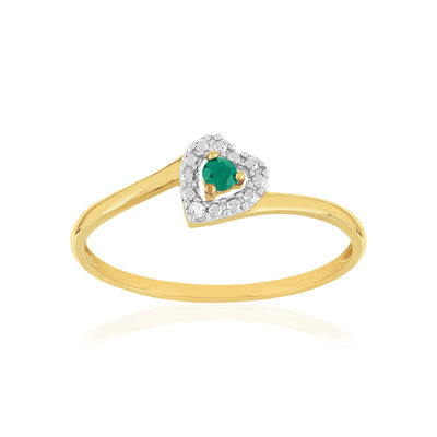 Bague or 375 2 tons coeur émeraude et diamants