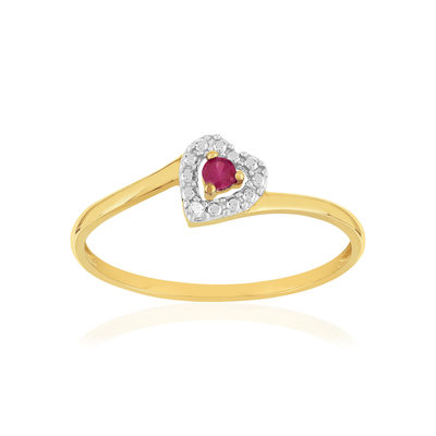 Bague or 375 jaune coeur rubis et diamants