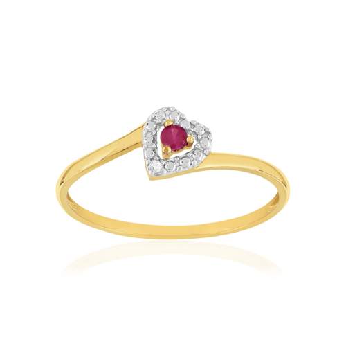 Bague or 375 jaune coeur rubis et diamants