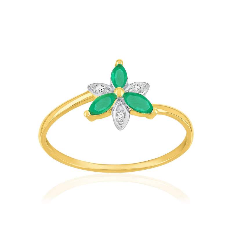 Tweekleurige ring van 375 goud met smaragdbloem en diamanten - afbeelding 1