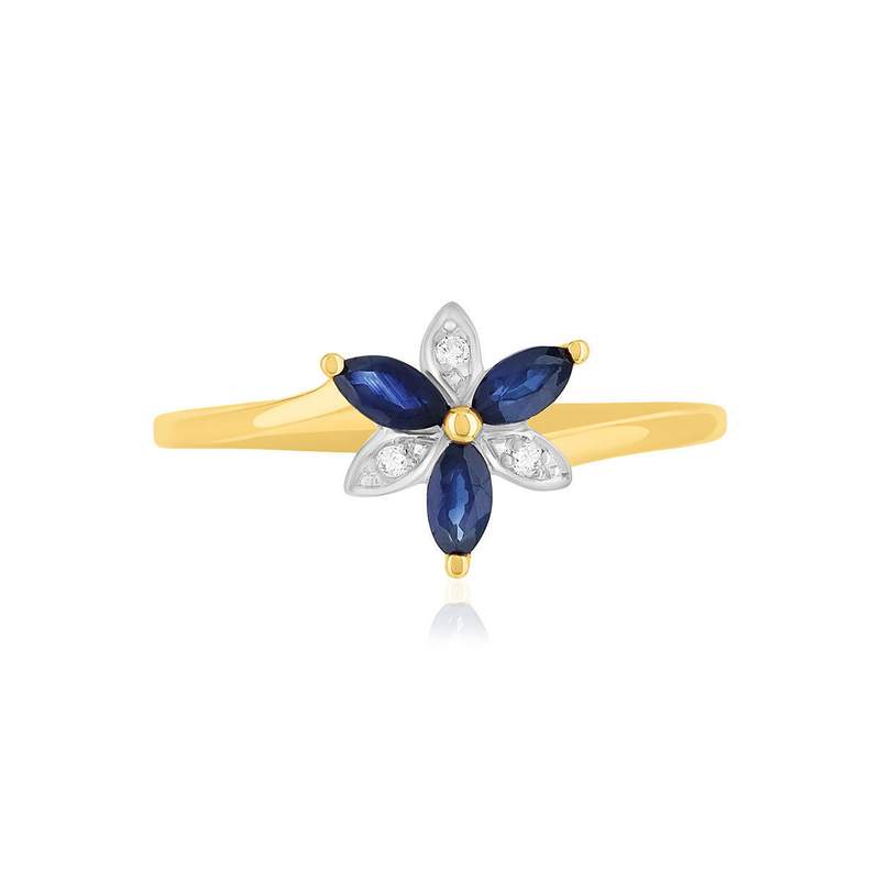 Bague or 375 2 tons fleur saphirs et diamants - vue 3
