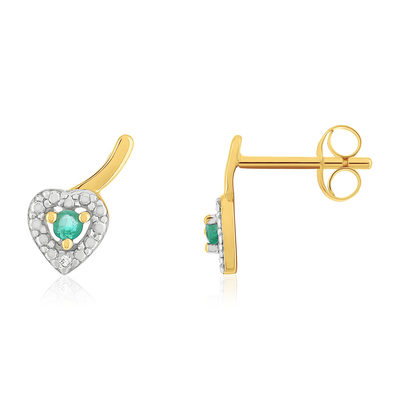 Oorknopjes met smaragd en diamanten hart in 375 geel goud
