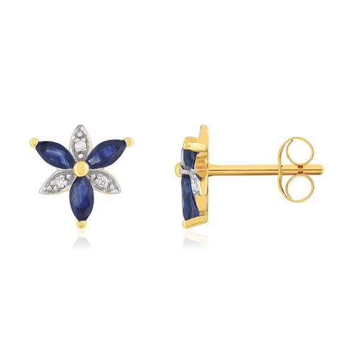Boucles d'oreilles or 375 jaune fleur saphirs et diamants