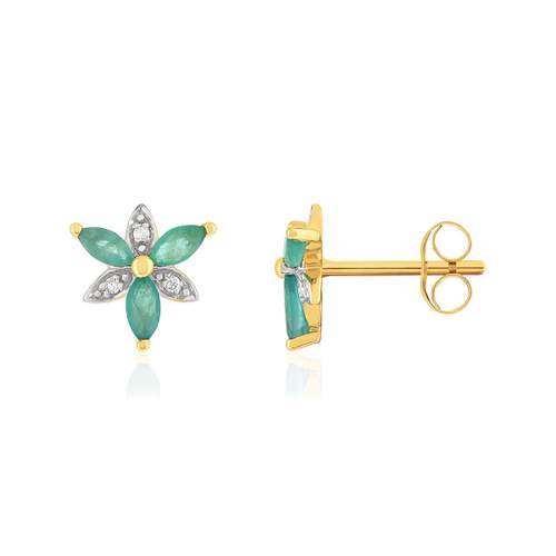 Boucles d'oreilles or 375 2tons fleur émeraudes et diamants