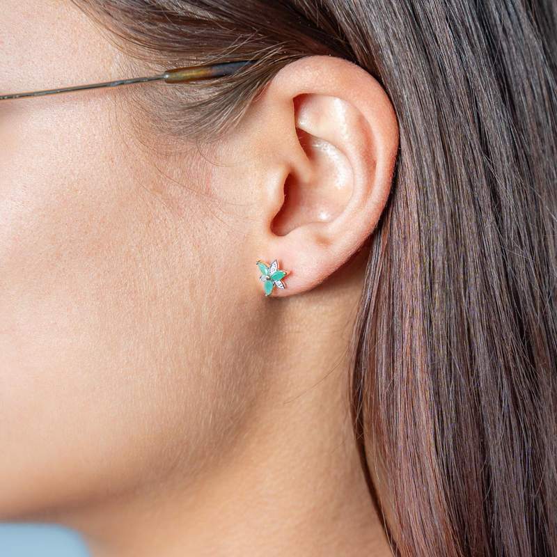 Emerald and diamond flower earrings 375 2tons gold - view worn 1