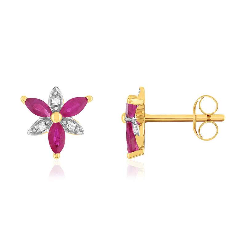 18K two-tone gold earrings with ruby and diamond flowers - view 1