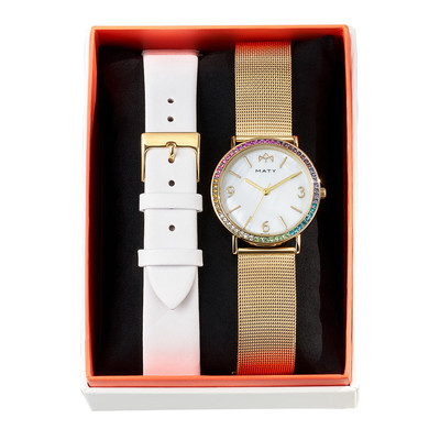 Coffret montre empierrée rainbow et bracelet cuir blanc