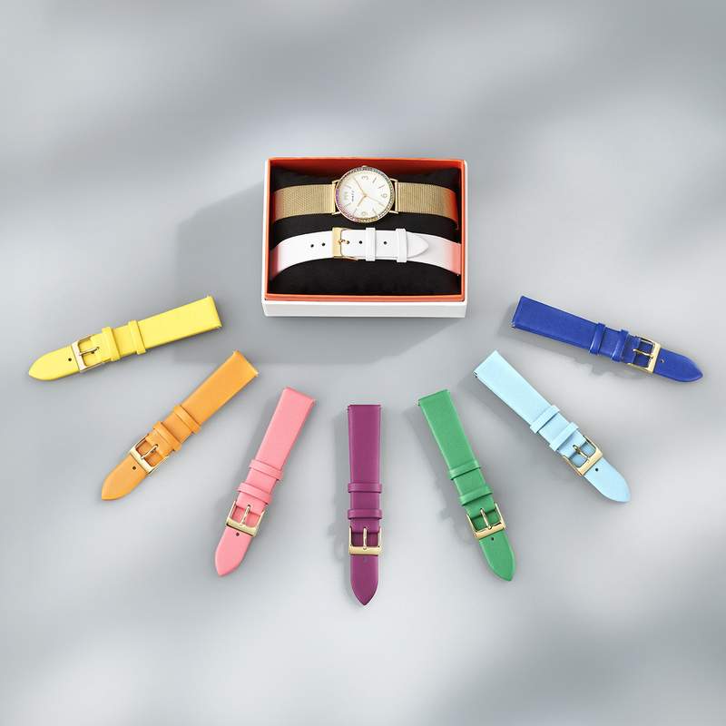 Coffret montre empierrée rainbow et bracelet cuir blanc - vue D1
