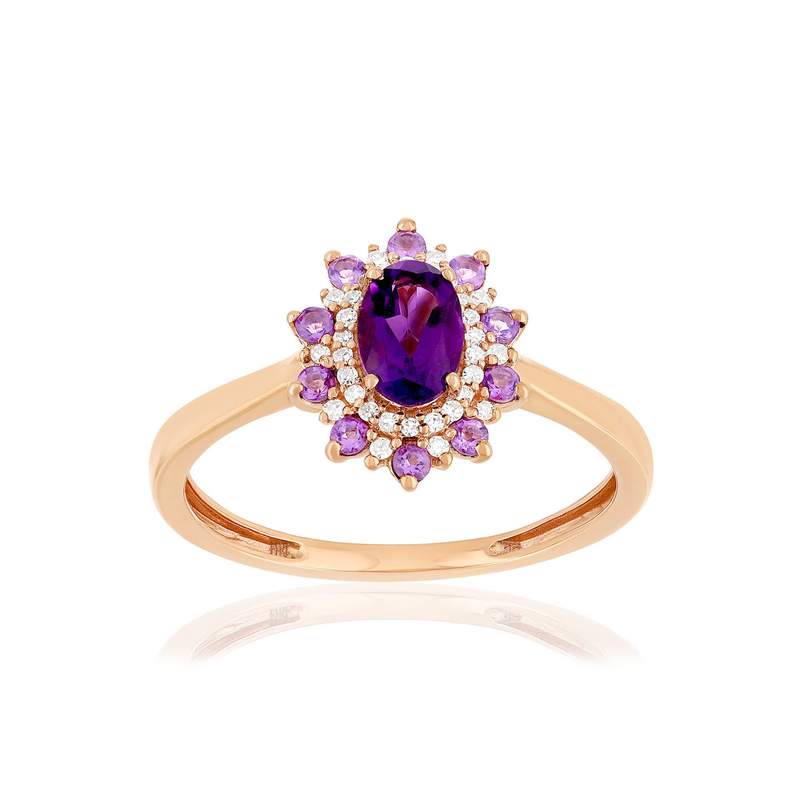 Bague or 375 rose améthystes et diamants - vue 1