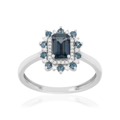 Bague or 375 blanc topazes bleues traitées et diamants - vue 1
