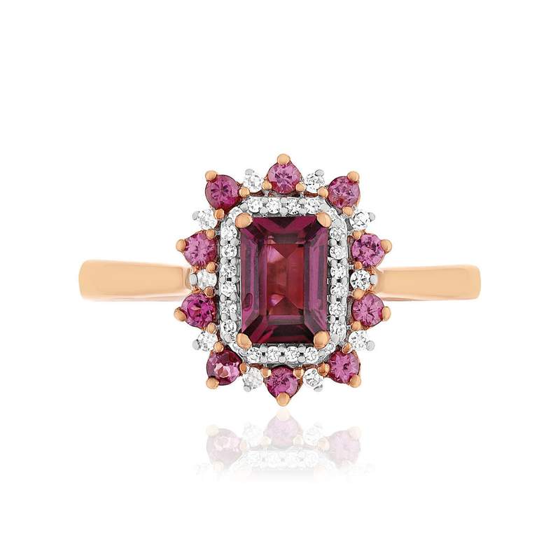Bague or 375 rose grenats rhodolites et diamants - vue 3