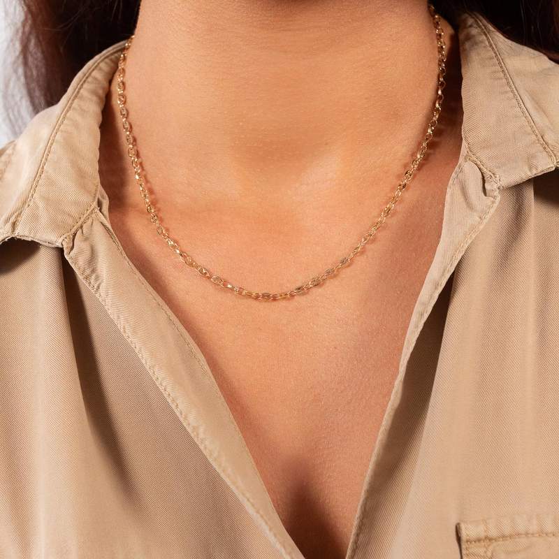 Yellow gold plated necklace coffee bean design 45cm - view worn 1