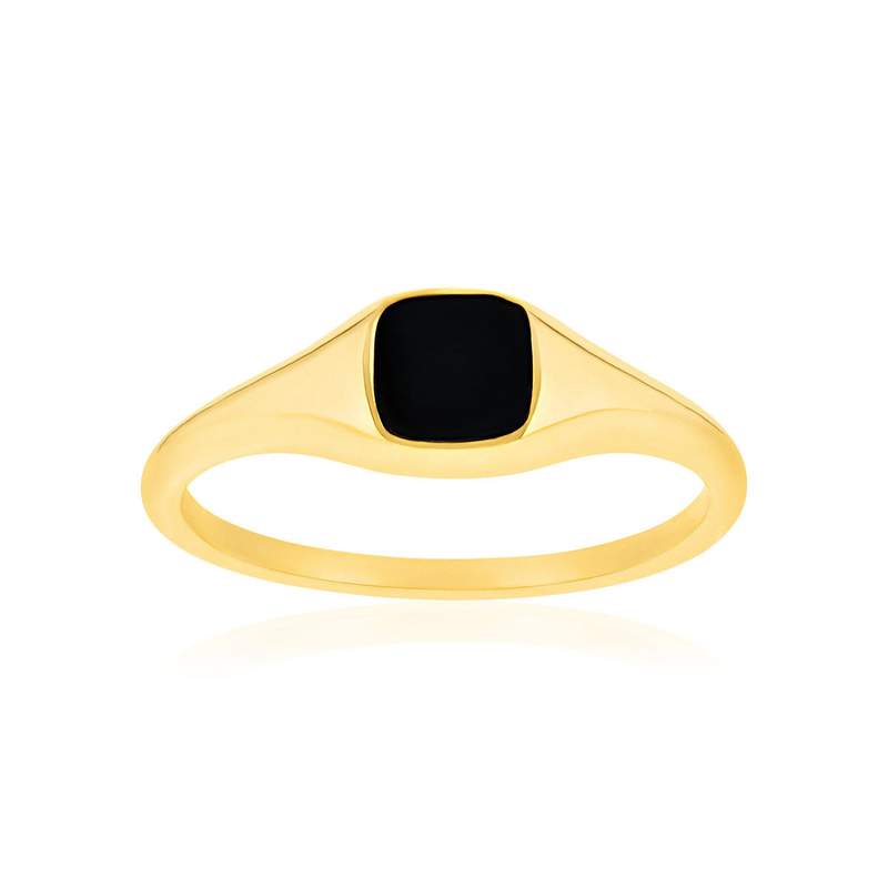 Chevalière plaqué or jaune carrée et onyx - vue 1