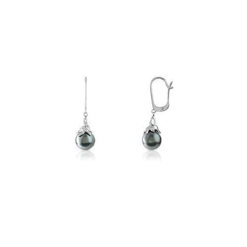 Boucles d'oreilles or 750 blanc dormeuses perles de Tahiti et diamants