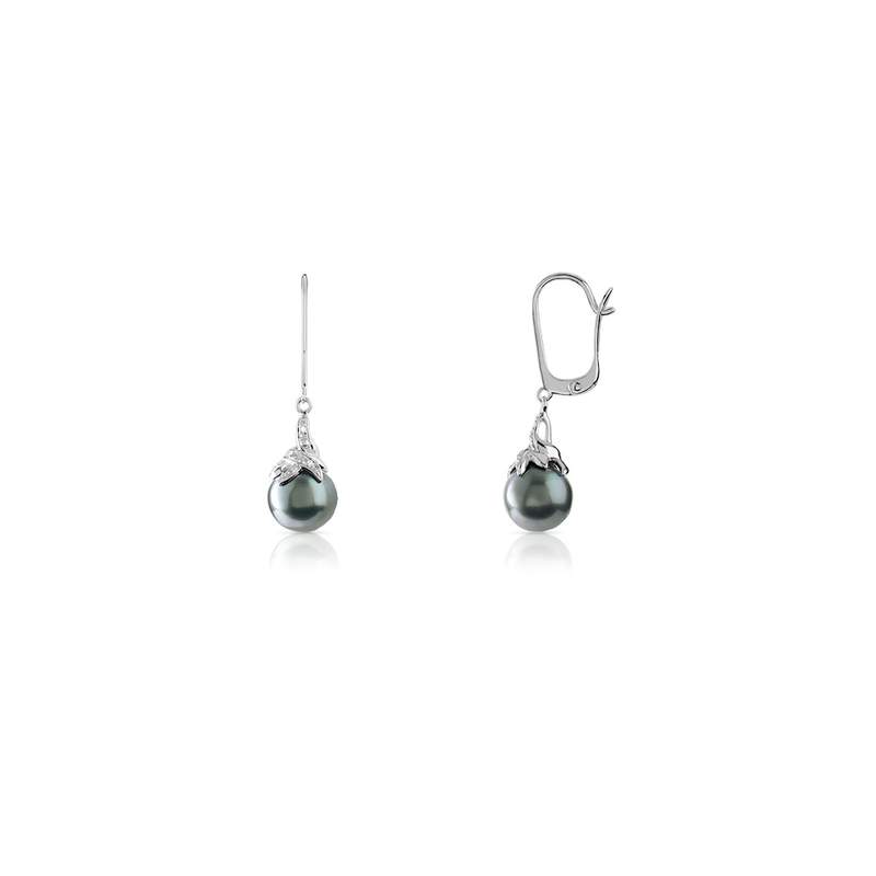 Boucles d'oreilles or 750 blanc dormeuses perles de Tahiti et diamants - vue 1