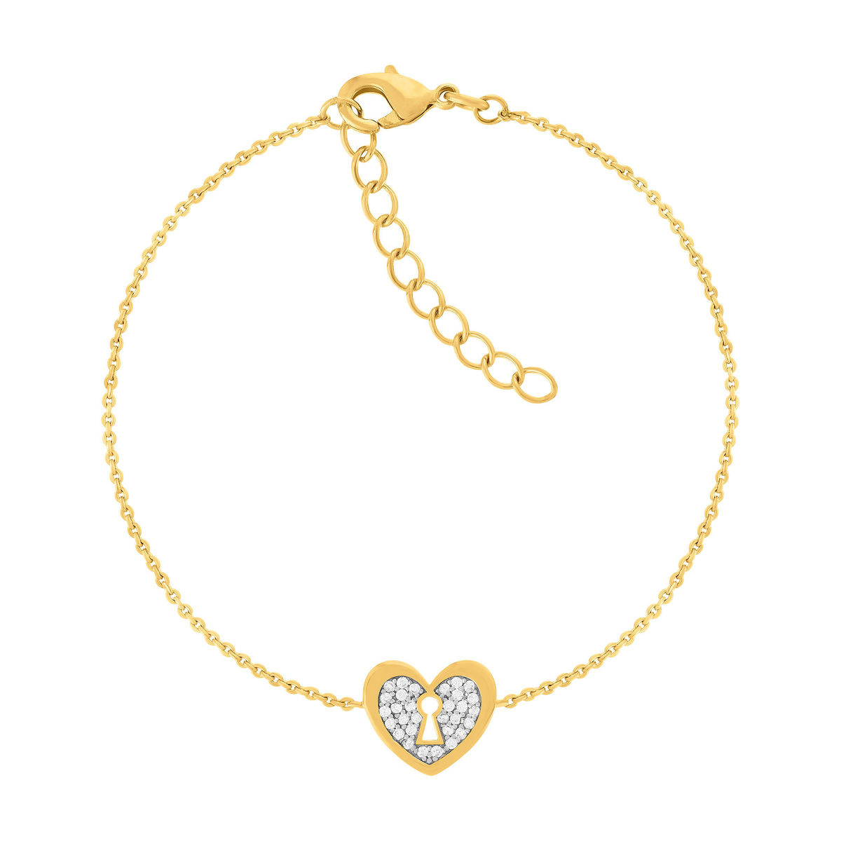 Bracelet plaqué or jaune coeur et zirconias 19cm