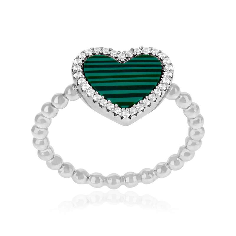 Bague argent 925 coeur malachites zirconias - vue 1