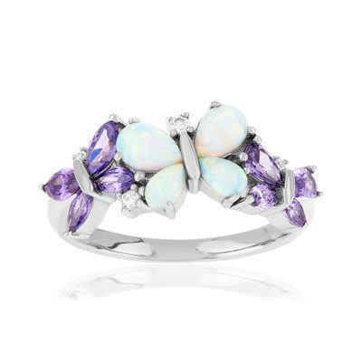 Bague argent 925 papillons opales et zirconias violets