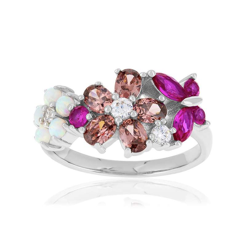 Bague argent 925 fleurs et papillon opales, pierres synthétiques et zirconias - vue 1