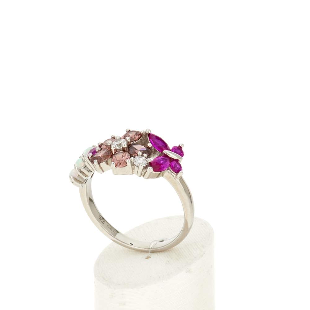 Bague argent 925 fleurs et papillon opales, pierres synthétiques et zirconias - vue 3